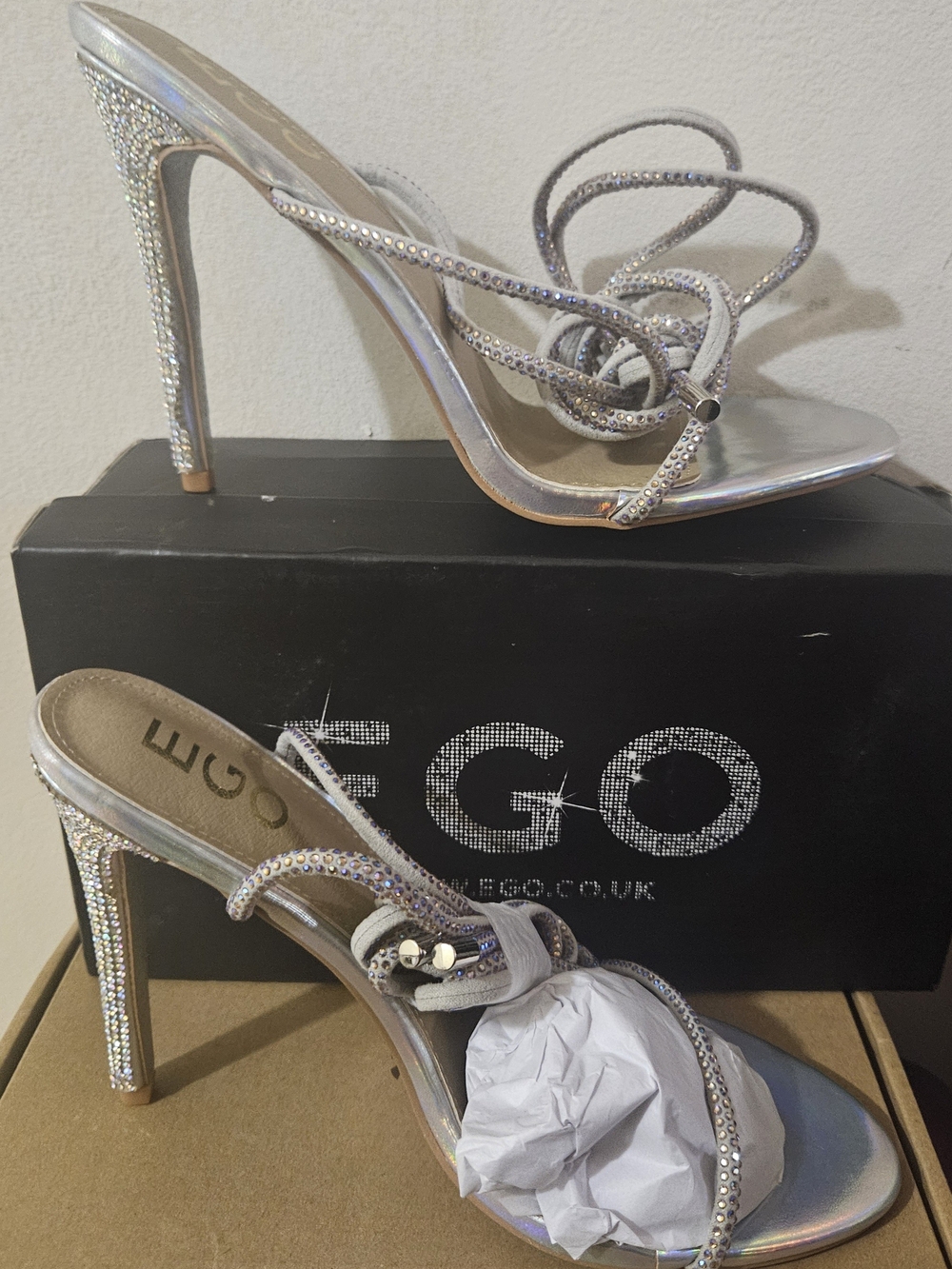 EGO Silver Crystal Embellished Strappy High Heels - Picture 2 of 7